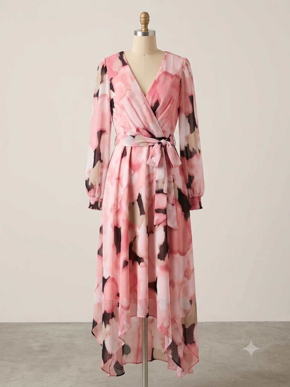 Anne Klein Pink Watercolor High-Low Wrap Dress